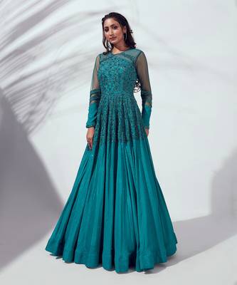Teal green georgette crepe gown 3