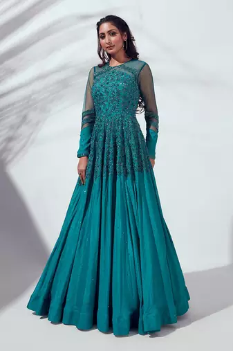 Teal green georgette crepe gown