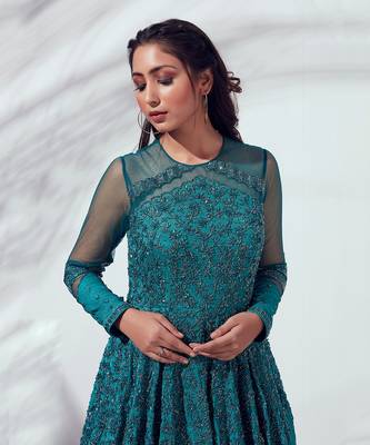 Teal green georgette crepe gown 4