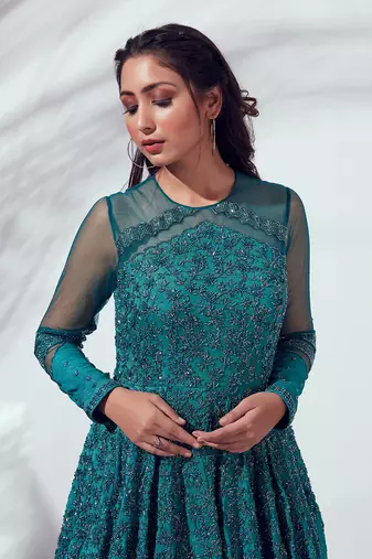 Teal green georgette crepe gown