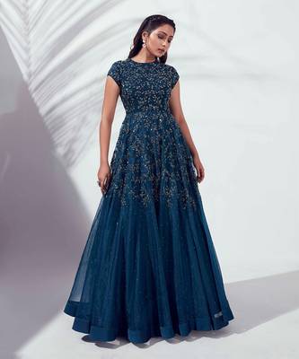 Turquoise blue soft organza and satin gown 1