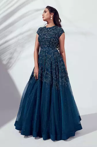 Turquoise blue soft organza and satin gown