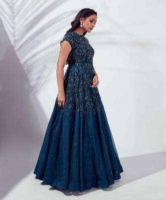 Turquoise blue soft organza and satin gown 3