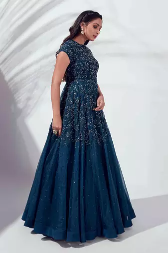 Turquoise blue soft organza and satin gown