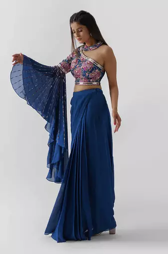 Royal blue pre drape skirt set
