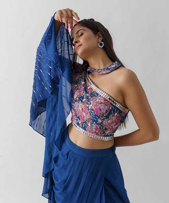 Royal blue pre drape skirt set 3