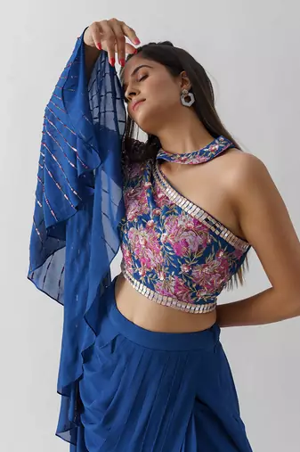 Royal blue pre drape skirt set