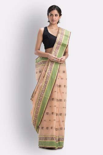 Beige Woven Design Pure Cotton Handwoven Tant Saree Without Blouse