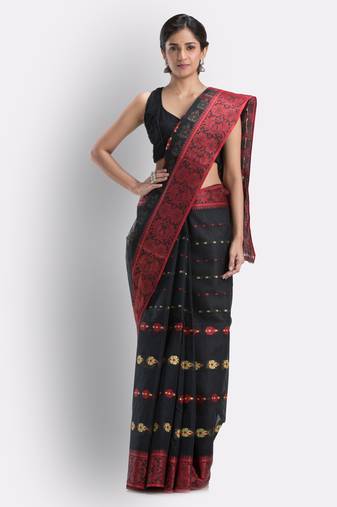 Indian Women Black Tant Cotton Saree Without Blouse