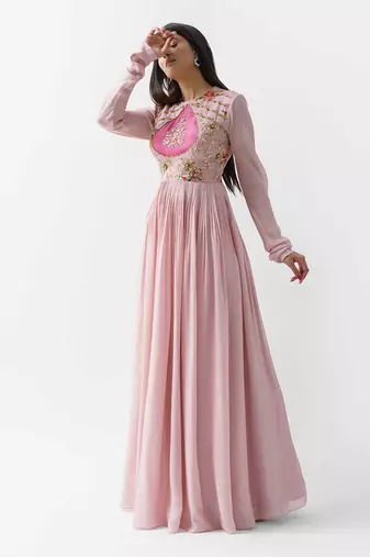Pink georgette crepe and satin silk dress