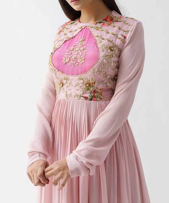 Pink georgette crepe and satin silk dress 3