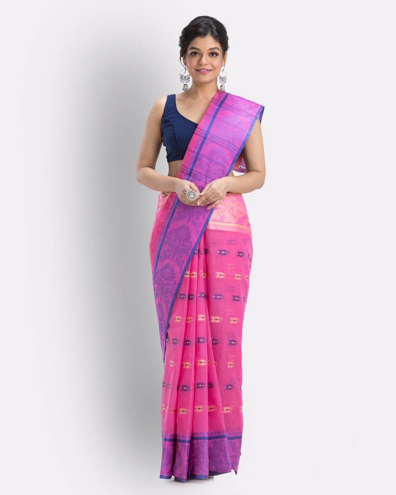 Woven Sunflower Self Design Tant Pure Cotton Saree (Pink) Without Blouse