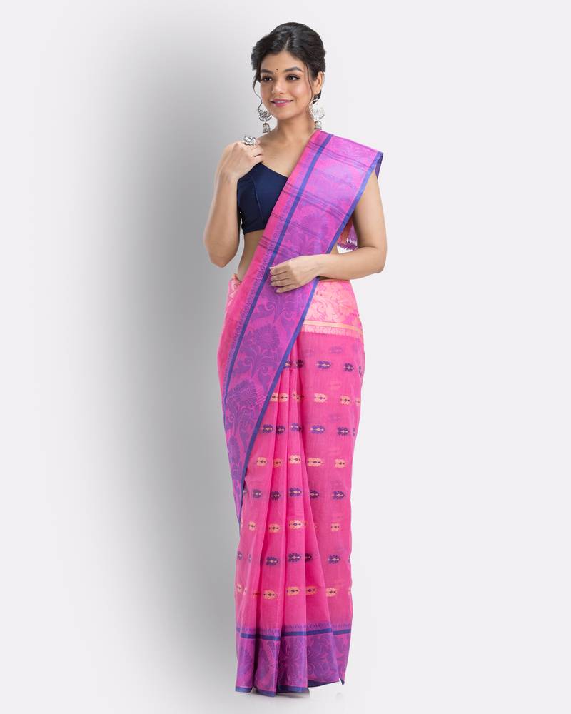 Woven Sunflower Self Design Tant Pure Cotton Saree (Pink) Without Blouse