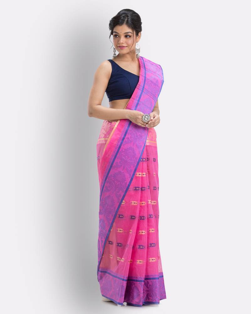 Woven Sunflower Self Design Tant Pure Cotton Saree (Pink) Without Blouse