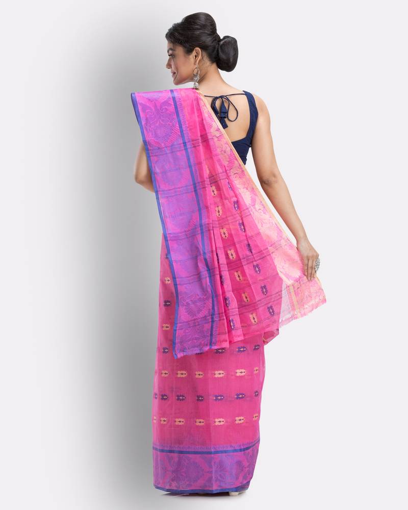 Woven Sunflower Self Design Tant Pure Cotton Saree (Pink) Without Blouse