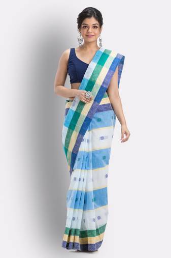 Box Check Tant Pure Cotton Saree (White,Blue) Without Blouse