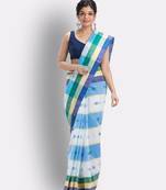 Box Check Tant Pure Cotton Saree (White,Blue) Without Blouse