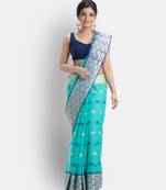 Self Ball Design Tant Pure Cotton Saree(Turquoise) Without Blouse