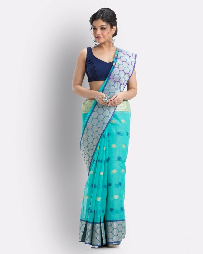 Self Ball Design Tant Pure Cotton Saree(Turquoise) Without Blouse