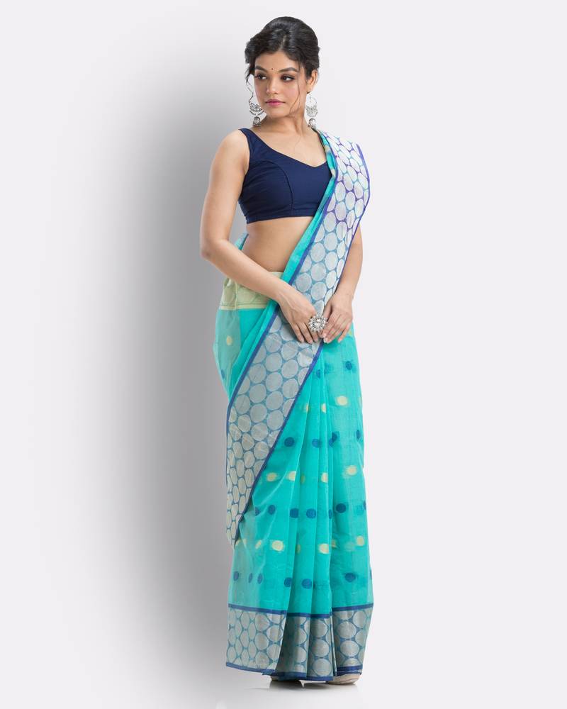 Self Ball Design Tant Pure Cotton Saree(Turquoise) Without Blouse