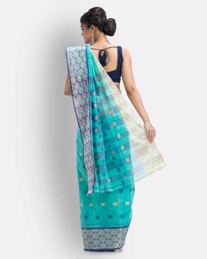Self Ball Design Tant Pure Cotton Saree(Turquoise) Without Blouse
