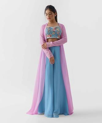 Pink and blue flared pants jacket set 1