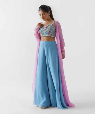 Pink and blue flared pants jacket set 2