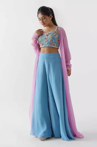 Pink and blue flared pants jacket set