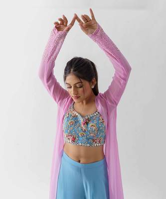Pink and blue flared pants jacket set 3
