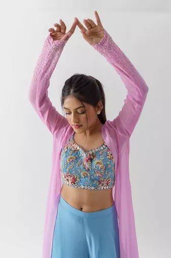 Pink and blue flared pants jacket set