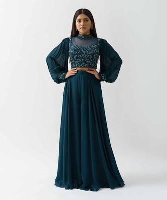 Teal georgette crepe flared pant set 1