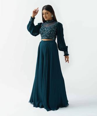 Teal georgette crepe flared pant set 2