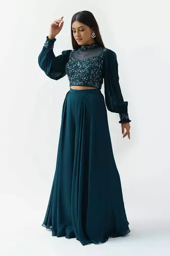 Teal georgette crepe flared pant set
