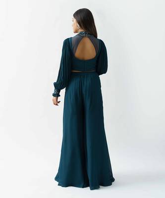 Teal georgette crepe flared pant set 3