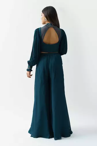 Teal georgette crepe flared pant set