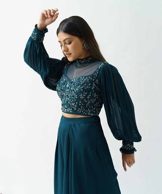 Teal georgette crepe flared pant set 4