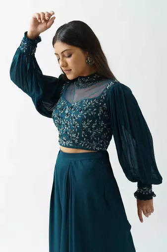 Teal georgette crepe flared pant set