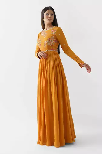 Mustard yellow georgette crepe dress