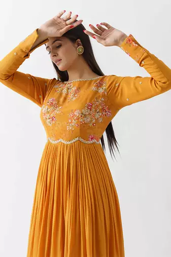 Mustard yellow georgette crepe dress