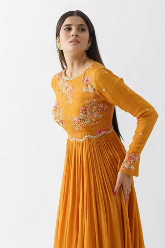 Mustard yellow georgette crepe dress