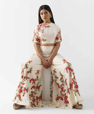 Off white tussar silk flared pant set 1