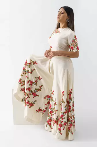 Off white tussar silk flared pant set
