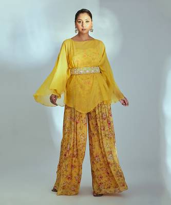 Yellow crepe and organza pant set 1
