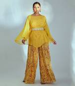 Yellow crepe and organza pant set