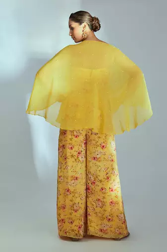 Yellow crepe and organza pant set