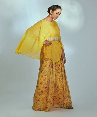 Yellow crepe and organza pant set 3