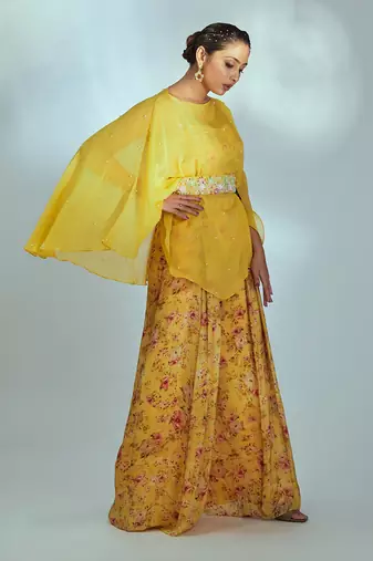 Yellow crepe and organza pant set