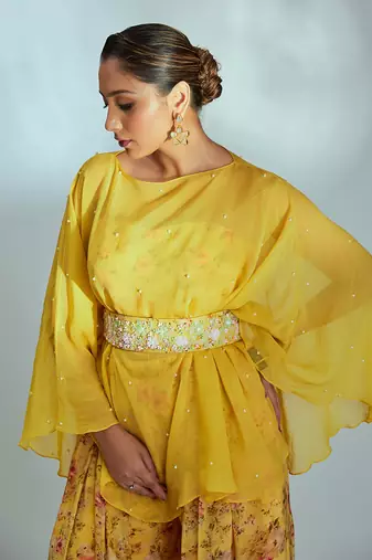 Yellow crepe and organza pant set