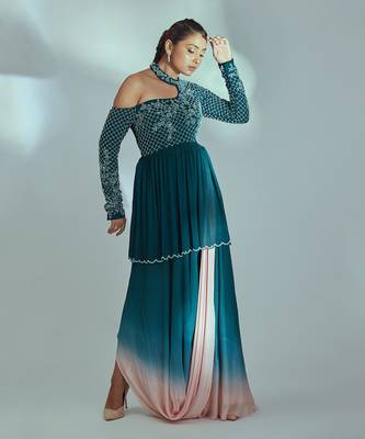 Green and pink drape skirt set 1