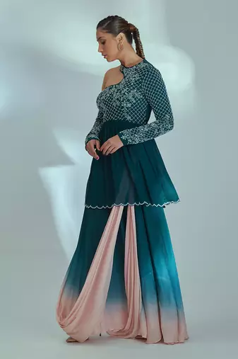Green and pink drape skirt set